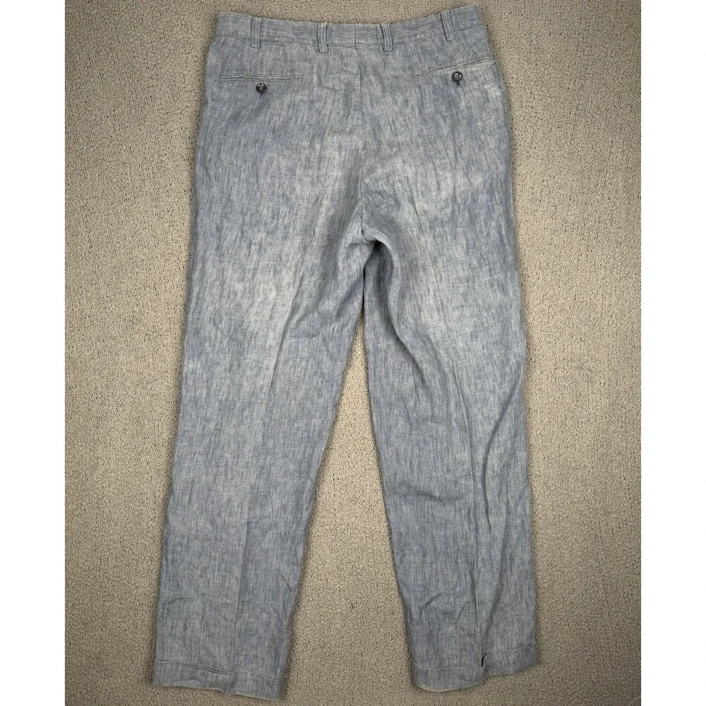 Hiltl Pants Mens 34x38 (FITS 34x31) Blue Linen Trousers Dress Flat Front Cuffed